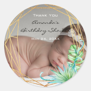 Adesivo Foto Bebê de Aniversário Tropical Dourado Obrigada