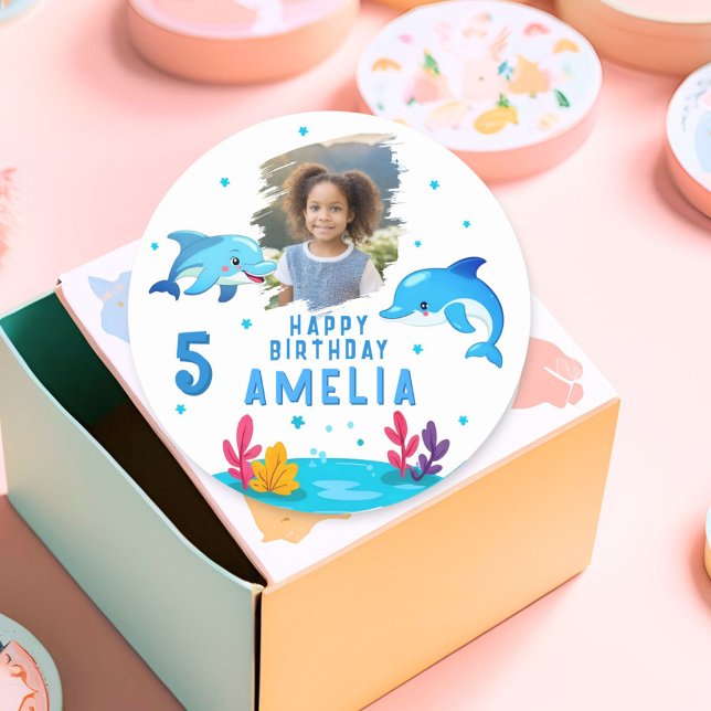 Adesivo Foto de Aniversário de Animais do Mar de Golfinho (Criador carregado)