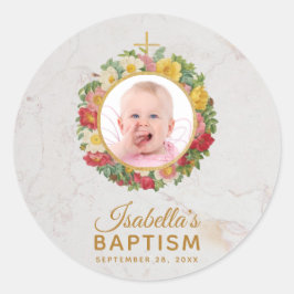 Adesivo Foto de Batismo Menina no Rosa Wreath Marble Scrip