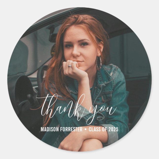 Adesivo Foto de Graduação | Script Elegante Obrigado (Frente)