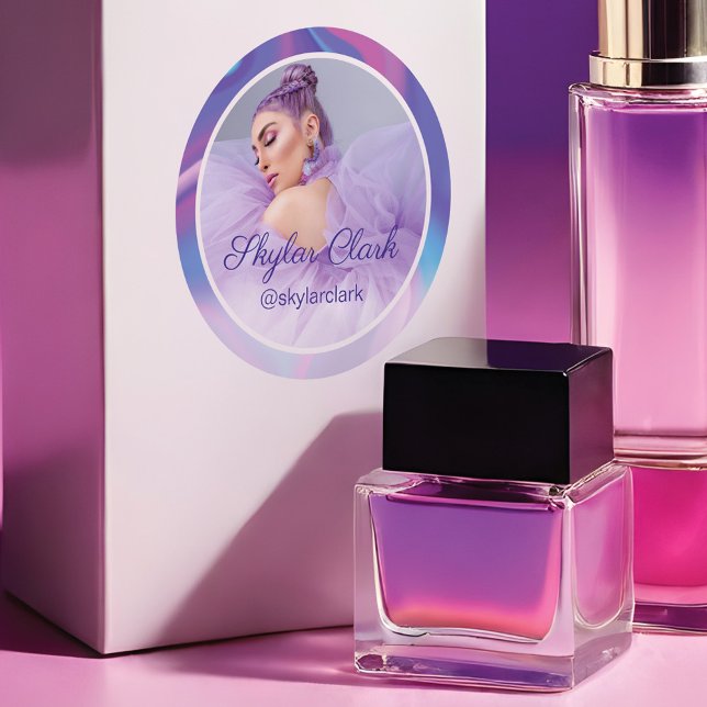 Adesivo Foto de Mídia Social Roxo e Holograma Azul (Social Media Photo Purple & Blue Hologram Classic Round Sticker)