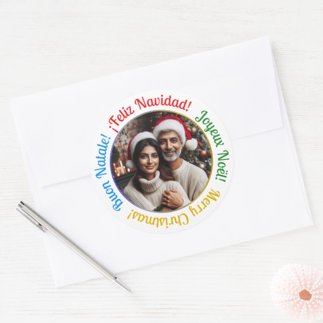 Adesivo Foto de Natal de Mal-prazer multilíngue personaliz (Envelope)