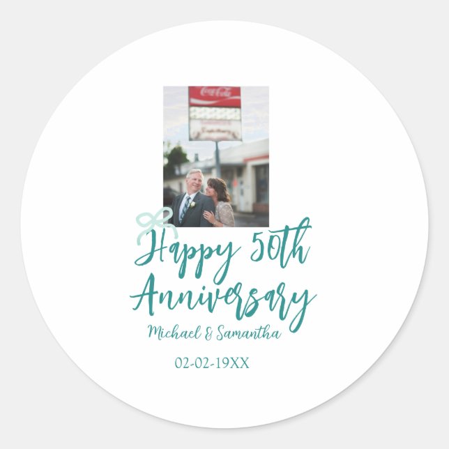 Adesivo Foto do 50º aniversário com laço turquesa nome da (Frente)