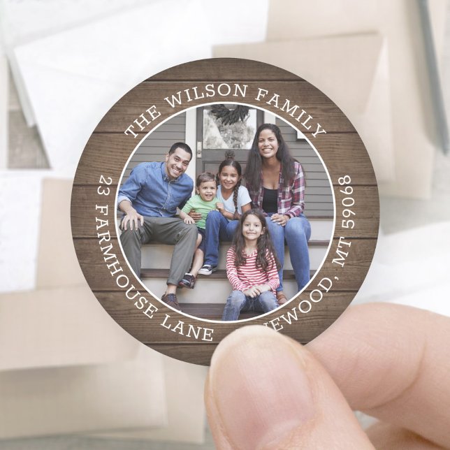 Adesivo Foto e endereço de devolução de madeira redonda do (Criador carregado)