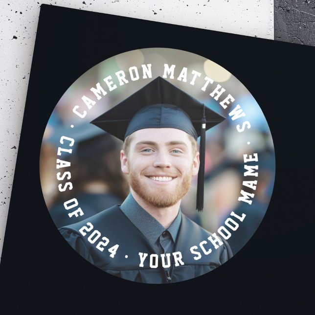 Adesivo Foto moderna de formatura de estudante completa (Student graduation full photo modern classic round sticker)
