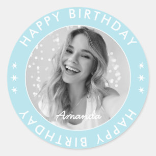 Adesivo Foto Moderna Simples Fofa Azul Feliz Aniversário