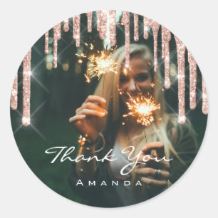 Adesivo Foto Obrigado Nome Favor de Casamento Rosa Glitter