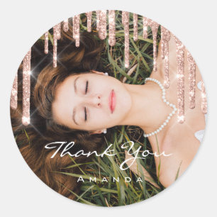 Adesivo Foto Obrigado Nome Favor de Casamento Rosa Glitter