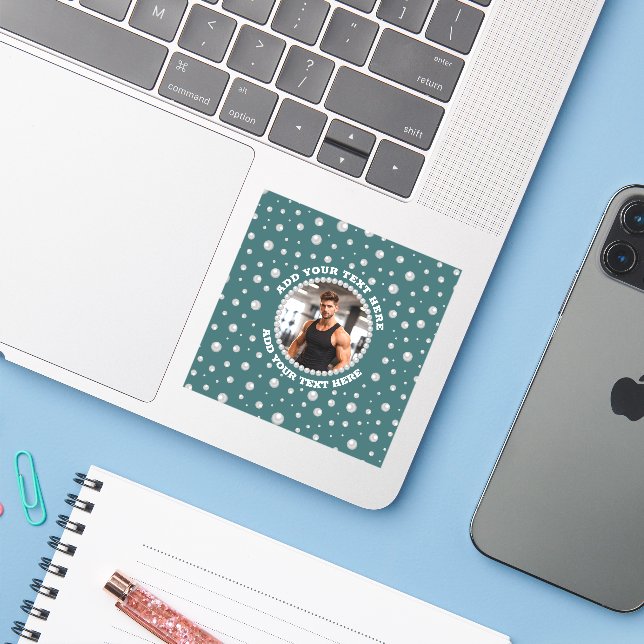 Adesivo Foto Personalizada com Pérolas em Círculo sobre Az (Notebook com iPhone)