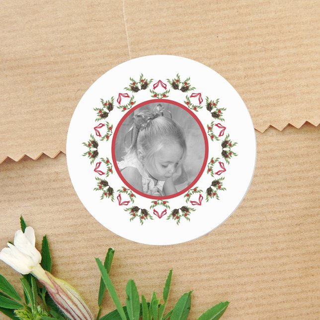 Adesivo Foto personalizada de Natal Holly Mandala (Christmas cute simple mandala photo gift sticker.)