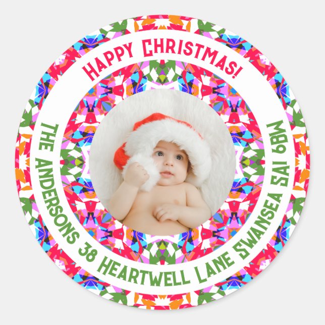 Adesivo Foto personalizada Feliz Natal Endereço Colorido (Frente)