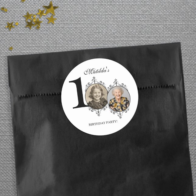 Adesivo Foto: Preto Branco Elegante 100ª Festa de aniversá (Photo Black White Elegant 100th Birthday Party Classic Round Sticker)