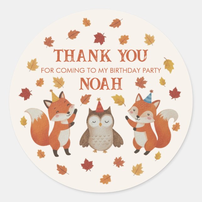 Adesivo Foxes and Owl Woodland Fall Kids Birthday Sticker (Frente)