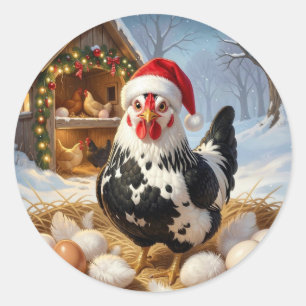 Adesivo Frango Preto e Branco com Chapéu de Natal
