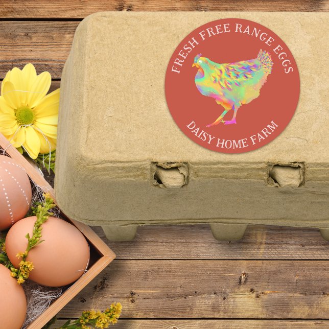 Adesivo Frescos Ovos Aquarela Frangos (Fresh free range chicken egg box stickers with business name and cute colorful hen illustration )