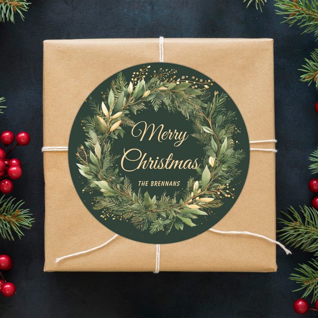 Adesivo Freseira de Natal Elegante Botânica Festiva Verde (Christmas Wreath Elegant Festive Green Botanical Classic Round Sticker)