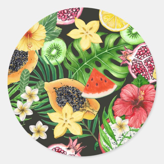 Adesivo Frutas tropicais, flores e folhas a preto (Frente)