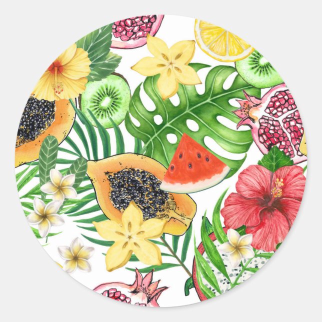 Adesivo Frutas tropicais, flores e folhas em branco (Frente)