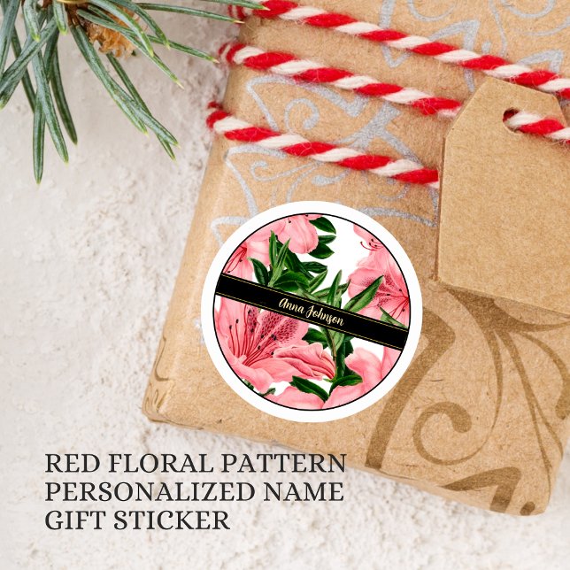 Adesivo Fundo Floral Vermelho Elegante Nome Personalizado (Criador carregado)