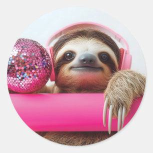 Adesivo Funky Sloth com Fones de ouvido cor-de-rosa e Disc