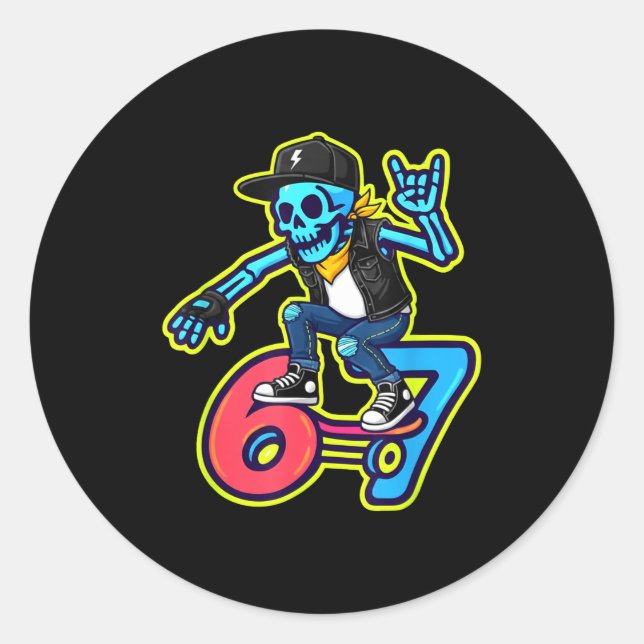 Adesivo Funny 67 Skeleton Skater Meme Retro Skateboarding  (Frente)