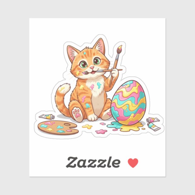 Adesivo Funny Artist Cat Painting Easter Egg Messy Sticker (Folha)