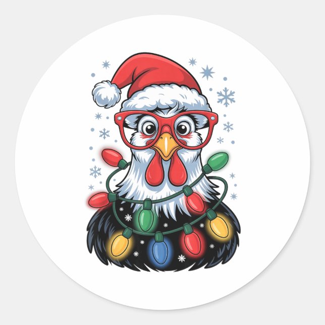 Adesivo Funny Chicken Christmas Tree Lights Santa Hat Xmas (Frente)