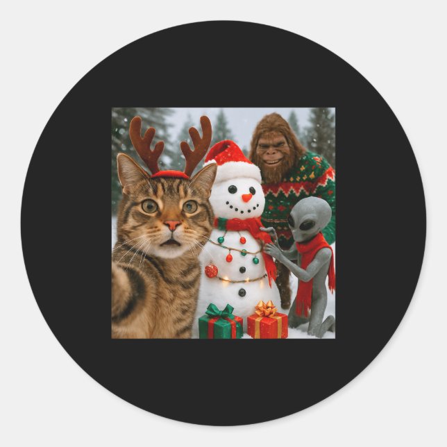 Adesivo Funny Christmas Cat Selfie With Bigfoot Alien &amp (Frente)