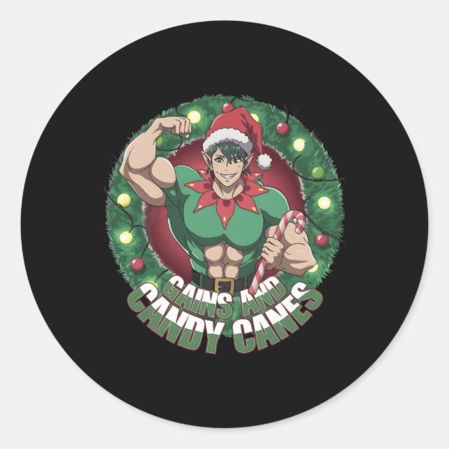 Adesivo Funny Christmas Elf Gym Workout Gains And Candy Ca (Frente)