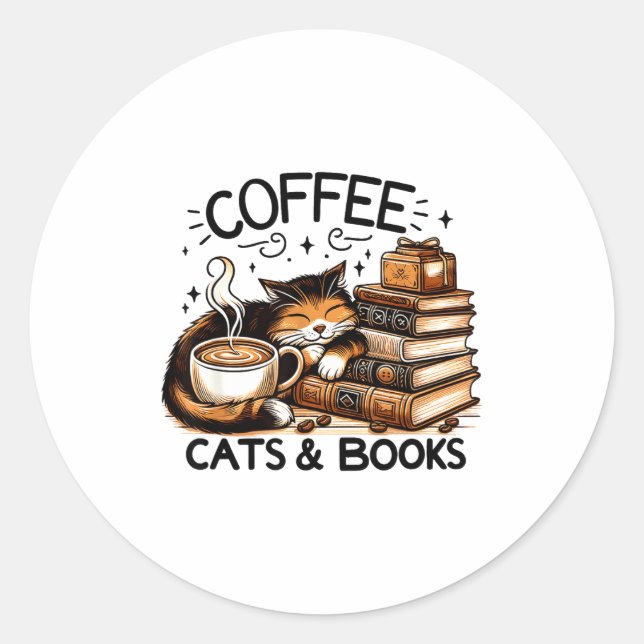 Adesivo Funny Cute Coffee Cats Books Lover Women Men Kids  (Frente)