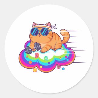 Adesivo Funny Gym Cat Lifting Dumbbell on Rainbow Cloud