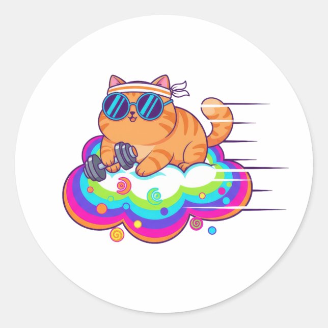 Adesivo Funny Gym Cat Lifting Dumbbell on Rainbow Cloud (Frente)