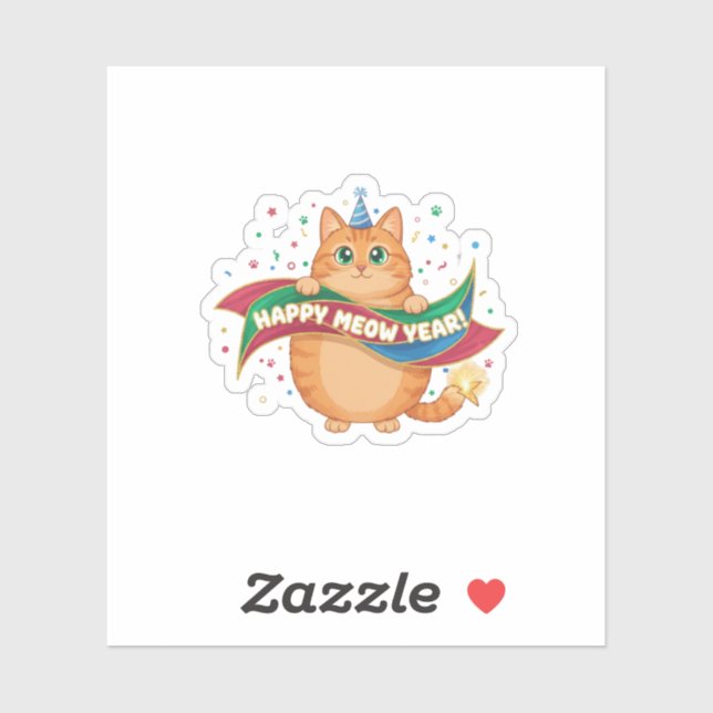 Adesivo Funny "Happy Meow Year" Cat Pun Festive Confetti (Folha)