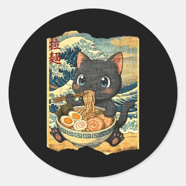 Adesivo Funny Kawaii Black Cat Ramen Noodle Bowl Japanese  (Frente)