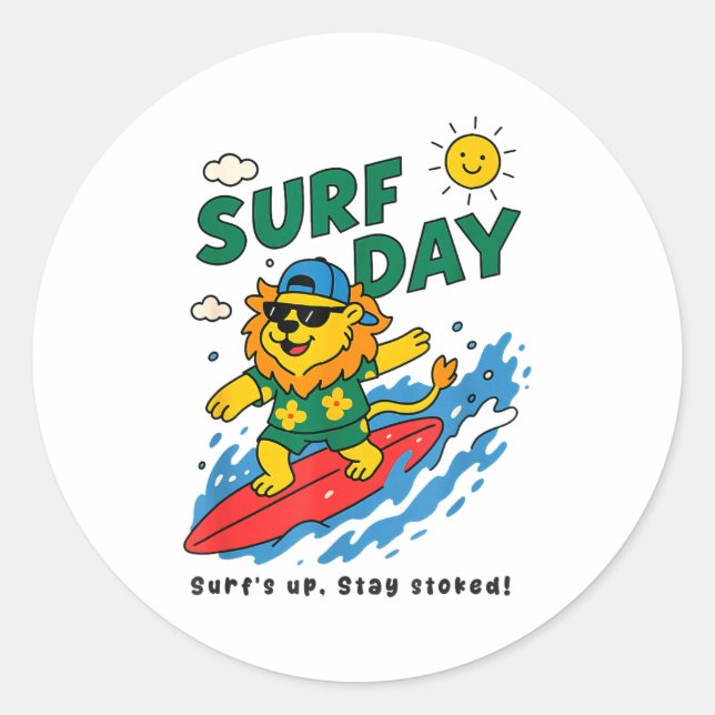 Adesivo Funny Lion Surfing Summer Vacation Surf Day Boys G (Frente)