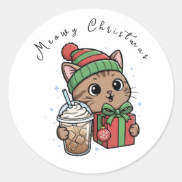 Adesivo Funny Meowy Christmas Cat Iced Coffee Large Round 