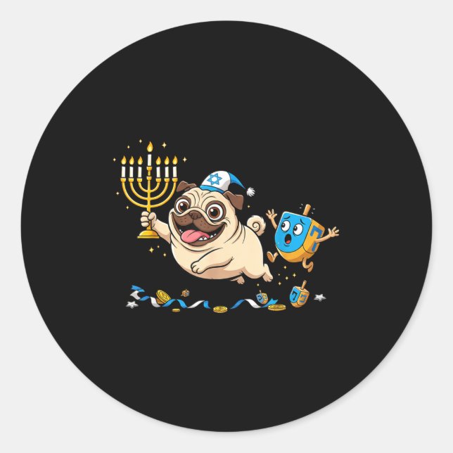 Adesivo Funny Pug Dreidel Menorah Hanukkah Kids Womens Men (Frente)