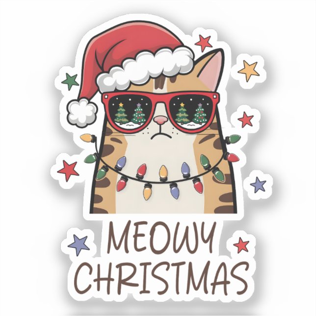 Adesivo Funny Santa Cat “Meowy Christmas” Vinyl Sticker  (Frente)
