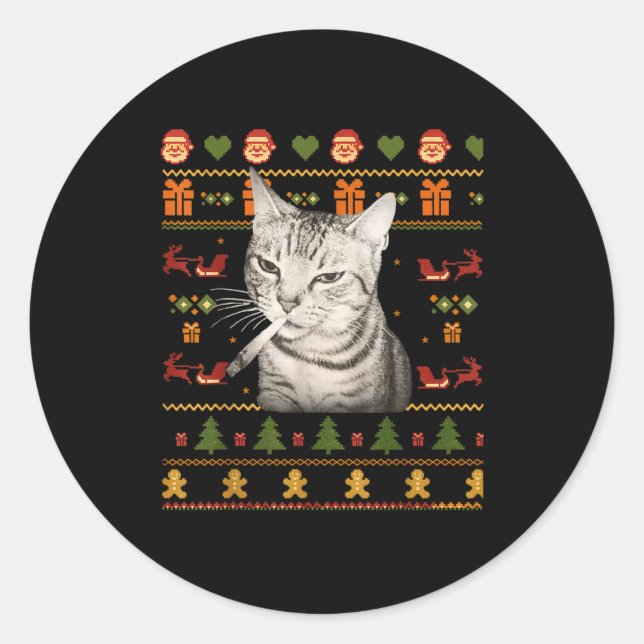 Adesivo Funny Smoking Cat Meme Christmas Ugly Sweaters For (Frente)