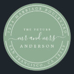 Adesivo Futuro Chic Senhor Senhora  Endereço de Retorno de<br><div class="desc">Chique, moderno e simples rótulo redondo clássico de endereço de devolução de casamento com o texto o futuro Sr e Sra em caligrafia de letra cursiva branca elegante em um fundo verde mineral. Basta adicionar seu nome e endereço. Exclusivamente desenhado para você pelo Happy Dolphin Studio. Se precisar de ajuda...</div>