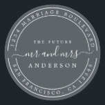 Adesivo Futuro Chic Srª Sra  Endereço de Retorno de Casame<br><div class="desc">Chique, moderno e simples adesivo redondo clássico de endereço de devolução de casamento com o texto o futuro Sr e Sra em caligrafia manuscrita elegante branca sobre um fundo preto claro. Basta adicionar seu nome e endereço. Exclusivamente projetado para você pelo Happy Dolphin Studio. Se precisar de ajuda ou produtos...</div>