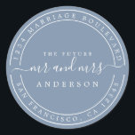 Adesivo Futuro Chic Sr Sra Endereço de Retorno de Casament<br><div class="desc">Chique, moderno e simples rótulo redondo clássico de endereço de retorno de casamento com o texto o futuro Sr e Sra em escrita cursiva elegante branca em um fundo azul vintage. Basta adicionar seu nome e endereço. Exclusivamente projetado para você pelo Happy Dolphin Studio. Se precisar de ajuda ou de...</div>