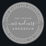Adesivo Futuro Sr Sra Endereço de Devolução Cinza Escuro C<br><div class="desc">Chic, moderno e simples adesivo redondo de endereço de devolução de casamento com o texto o futuro Sr e Sra em elegante letra cursiva preta em um fundo cinza escuro. Basta adicionar seu nome e endereço. Exclusivamente projetado para você pelo Happy Dolphin Studio. Se precisar de ajuda ou produtos correspondentes,...</div>