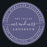 Adesivo Futuro Sr Sra Endereço de Devolução de Casamento A<br><div class="desc">Adesivo redondo clássico de endereço de devolução de casamento moderno e simples com o texto o futuro Sr e Sra em caligrafia manuscrita branca elegante em um fundo azul-marinho. Basta adicionar seu nome e endereço. Exclusivamente projetado para você pelo Happy Dolphin Studio. Se precisar de ajuda ou produtos correspondentes, entre...</div>