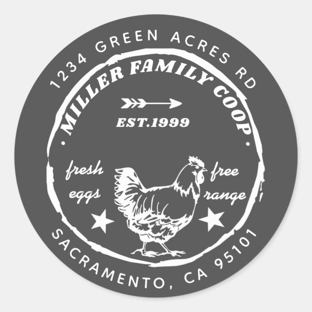 Adesivo galinha galinha ovos frescos da família endereço d (Frente)