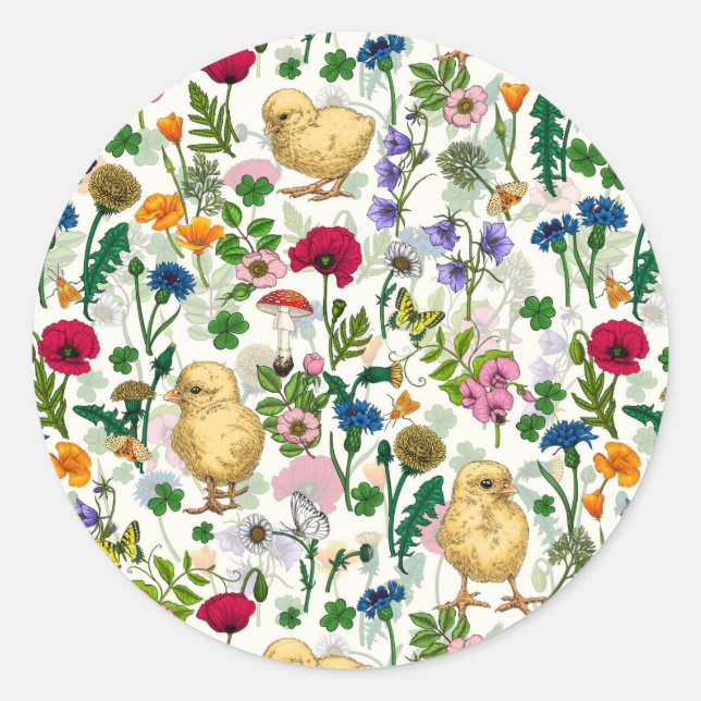 Adesivo Galinhas e flores silvestres em branco-claro (Frente)