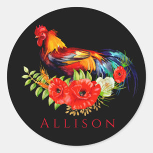Adesivo Galo com Poppies Preto Vermelho Personalizado