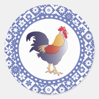 Adesivo Galo e Flores Franceses Retro Azul e Branco
