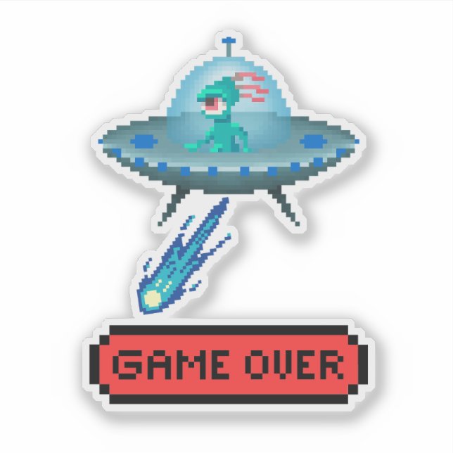 Adesivo 'Game Over' Alien Voando UFO Espaçonave, Pixel Art (Frente)