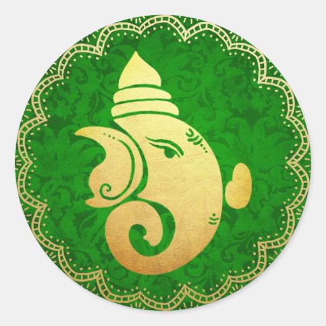 Adesivo Ganapati Dourado Clássico Deus Hindu Indiano Verde (Frente)